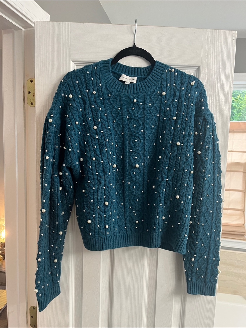 Pearl-Embellished Cable Knit Sweater - Teal by Something Navy
